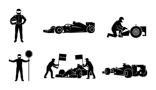 Black formula racing car icons, pit crew and driver poses, sports