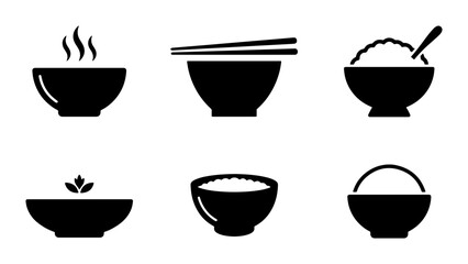 Obraz premium Black rice bowls icons set, Asian food and drink symbols