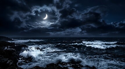 Fototapeta premium A beautiful dark ocean moonlight wallpaper featuring a crescent moon shining brightly over turbulent waves in a dramatic night sky