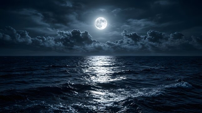 A beautiful dark ocean moonlight wallpaper featuring a glowing full moon reflecting over calm rippling waves during a peaceful night
