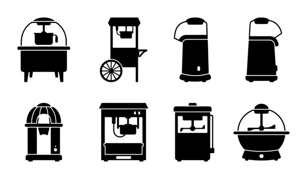 Black popcorn machine icons, graphic set for food and kitchen