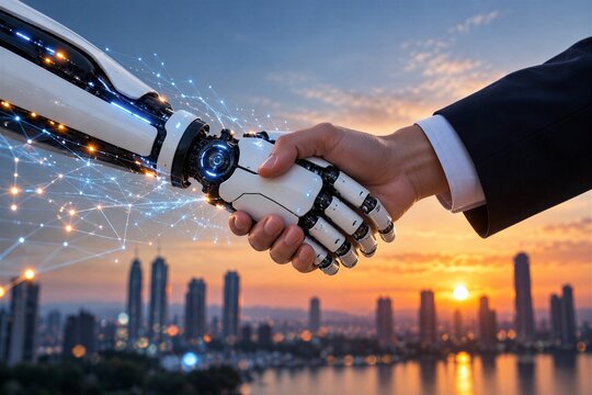 Human hand shaking robotic hand over city skyline at sunset, artificial intelligence and business technology collaboration