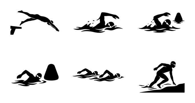 Black and white swimming icons, divers and swimmers, sports and