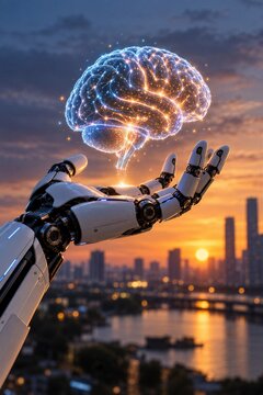 Robot hand holding a glowing digital brain at sunset representing artificial intelligence and future technology