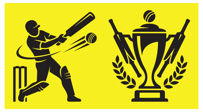 Cricket batsman hitting ball past wickets and championship trophy cup with bats and leaves cricket bat winner prize sport silhouette yellow
