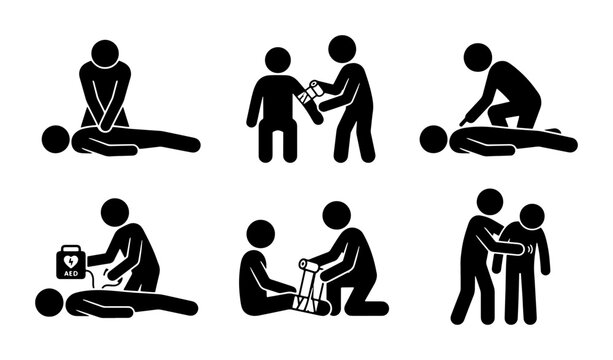 Black and white first aid icons, medical emergency symbols, life