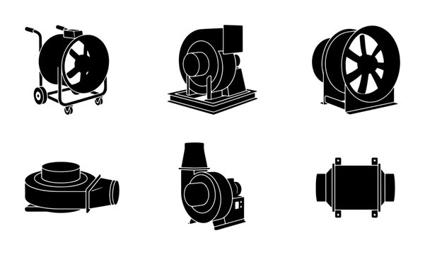 Black industrial blower and fan silhouettes, set of icons for