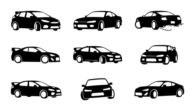 Black car icons on white background, silhouette collection