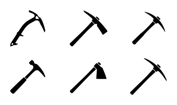 Black silhouettes of tools, hammer, ice axe, pickaxe, hatchet for