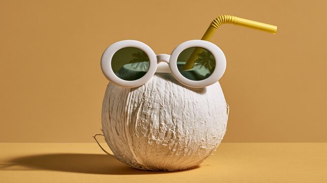 Coconut with a straw, looking relaxed, tiny sunglasses, warm beige wall, copy space