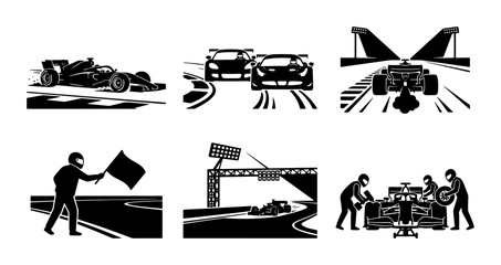 Fototapeta premium Black and white racing car icons, circuit track, pit stop, checkered