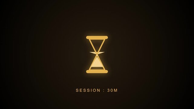 Glowing animated hourglass icon showing session time on dark backdrop