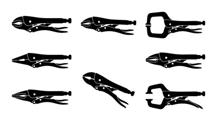 Obraz premium Black locking pliers silhouettes set, various tool icons, industrial