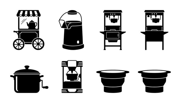 Black silhouette cooking equipment icons, kitchenware and popcorn