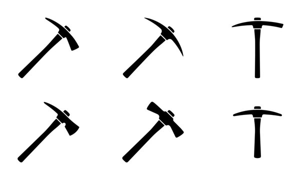 Black pickaxe and hammer silhouettes set, tool icons, graphic design