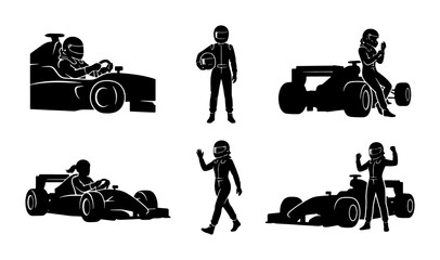 Fototapeta premium Black racing driver silhouettes in different poses, motorsport
