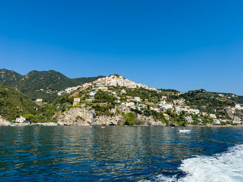 Scenic Hillside Village and Blue Mediterranean Sea in Southern Italy
