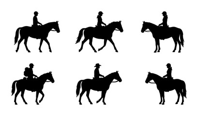 Obraz premium Black horse rider silhouettes on white background, equestrian sports