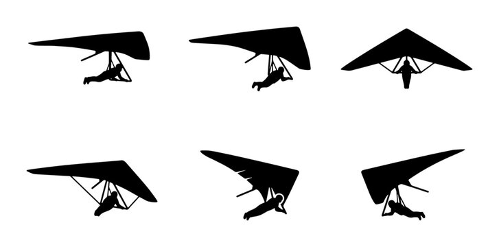 Black hang glider silhouettes on white background, sport and leisure
