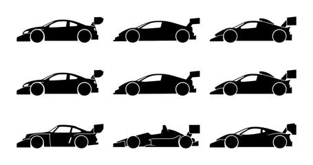 Fototapeta premium Black racing car silhouettes, sports automobile collection, graphic