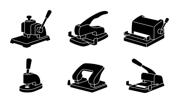 Black office hole puncher and binding machine icons, office supplies