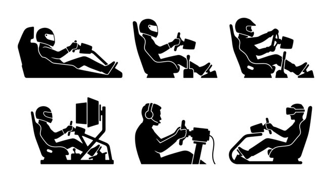 Black racing simulator silhouettes, gaming setup icons, virtual
