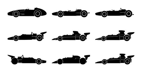 Fototapeta premium Black formula racing car silhouettes, diverse designs, transport