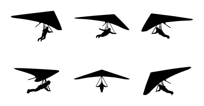 Black hang gliding silhouettes, isolated on white background, sport
