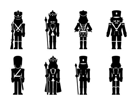 Black nutcracker soldier icons, royal guard and drummer, set for