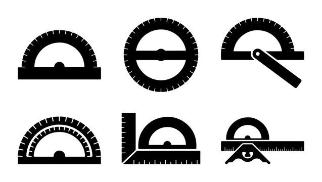 Black protractors and rulers set, graphic icons for measurement and