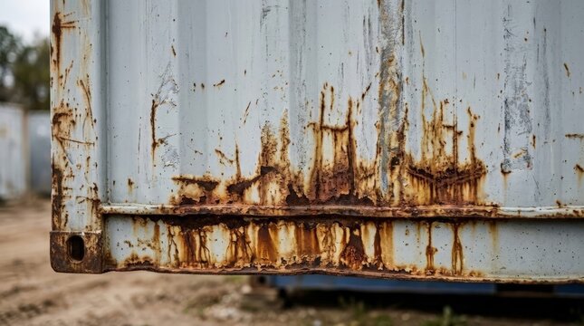 A close up view of a weathered shipping container showcases a severe rust texture metal spanning across the lower section, highlighting the industrial decay and corrosion