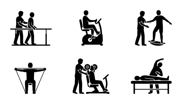 Black rehabilitation and fitness icons, physiotherapy and exercise