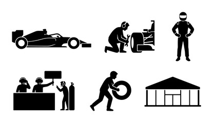 Fototapeta premium Black racing icons, formula 1 pit stop, driver, and garage, graphic