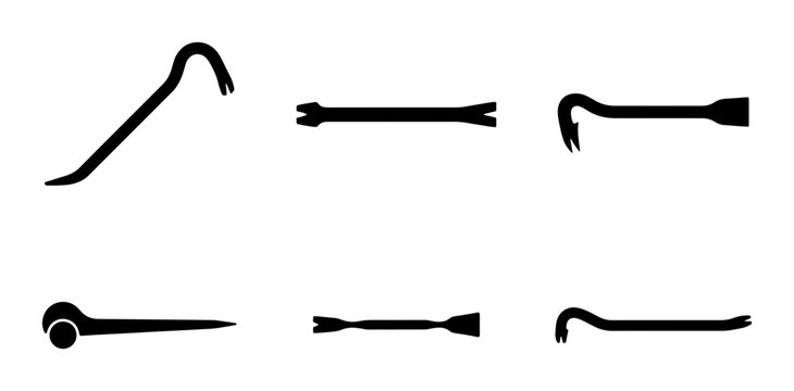Black crowbar icons, pry bar tools, construction and DIY graphic