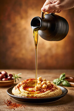 A dark glass bottle pouring a stream of golden-green extra virgin olive oil over a plate of homemade hummus garnished with chickpeas and paprika.