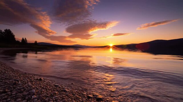 Stunning sunset over calm lake with reflecting golden light, clouds, and pebbled shore at dusk