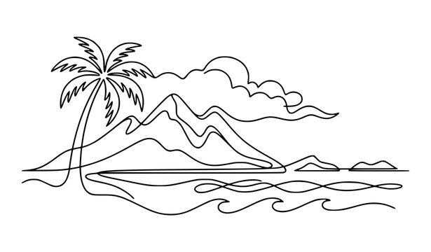 Tropical Oasis Island Mountains Sea Continuous One Line Vector Landscape