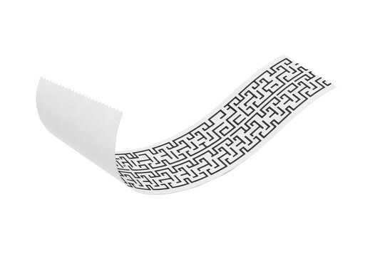 Curved white paper strip with black geometric greek key pattern border isolated on a transparent background