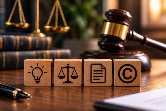 Wooden blocks displaying law and intellectual property symbols sit near a gavel