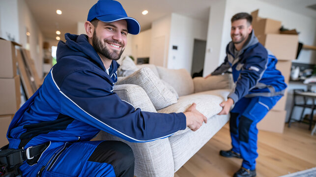 Two professional movers carrying a light colored sofa through a hallway toward a new living room, stacks of cardboard boxes visible beside the walls, residential moving day, relocation logistics and