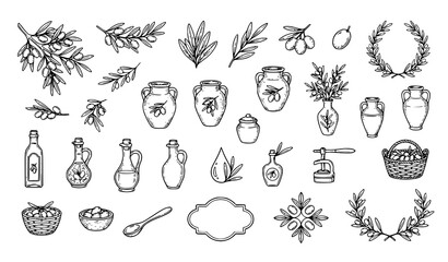 Obraz premium Vintage Mediterranean Olive Vector Set with Branch, Oil Bottle, Amphora, Wreath, Basket, and Hand Drawn Botanical Illustrations for Food Labels