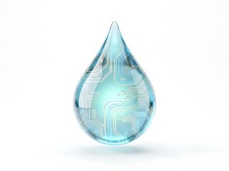 Obraz premium Smart Water Drop With Electronic Circuit Board Glass Realistic 3D, Symbol Of Smart Water Management Precision Agriculture Fluid Monitoring Technology Aqua Purification Environmental Analytics