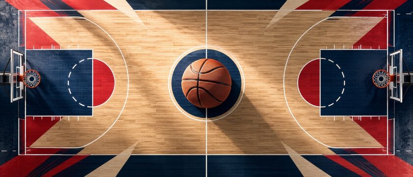 Aerial view of a basketball court with a single basketball on game day for championship playoff events