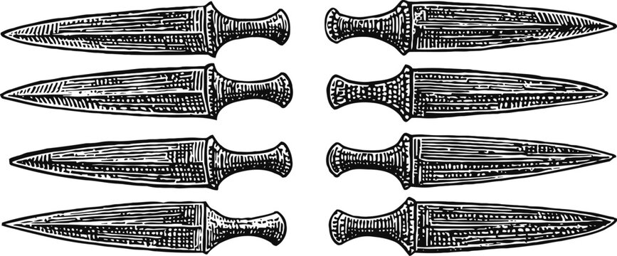 Eight vintage dagger illustrations retro medieval knife set with detailed engraving and textured handles black ink line art collection