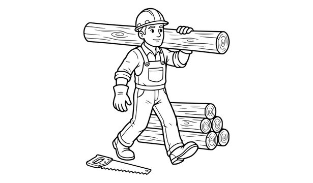 A cartoon illustration of a construction worker wearing a hard hat and carrying a wooden log