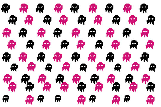 Repeating pattern of pixelated pink and black alien monster isolated on a transparent background retro