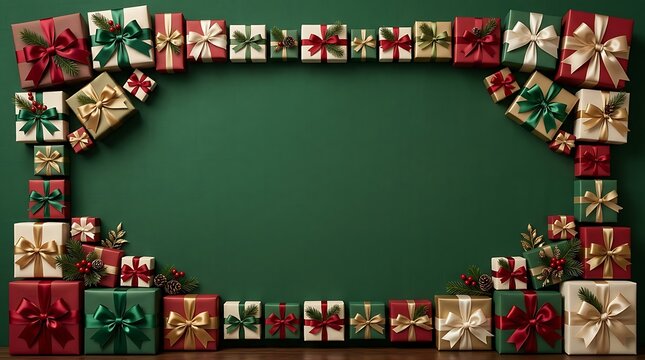 Festive christmas gift box frame border with copy space on a dark green background for holiday greeting cards