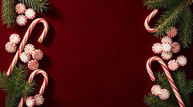 Christmas background with candy canes and pine branches on a deep red surface with copy space