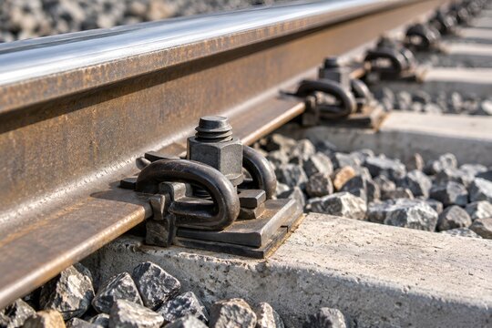 Railway Rail Fastening System on Concrete Sleeper Close Up