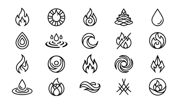 Set of abstract fire flame and water drop icons in minimalist black line art style